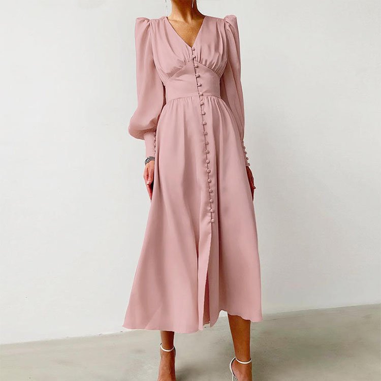 Custom Womens vintage A line silky satin soft ladies dress V neck puffy sleeves cover buttons placket elegant casual dresses