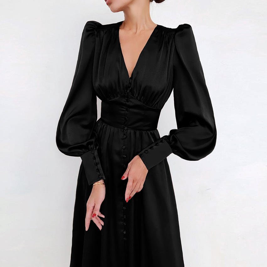 Custom Womens vintage A line silky satin soft ladies dress V neck puffy sleeves cover buttons placket elegant casual dresses