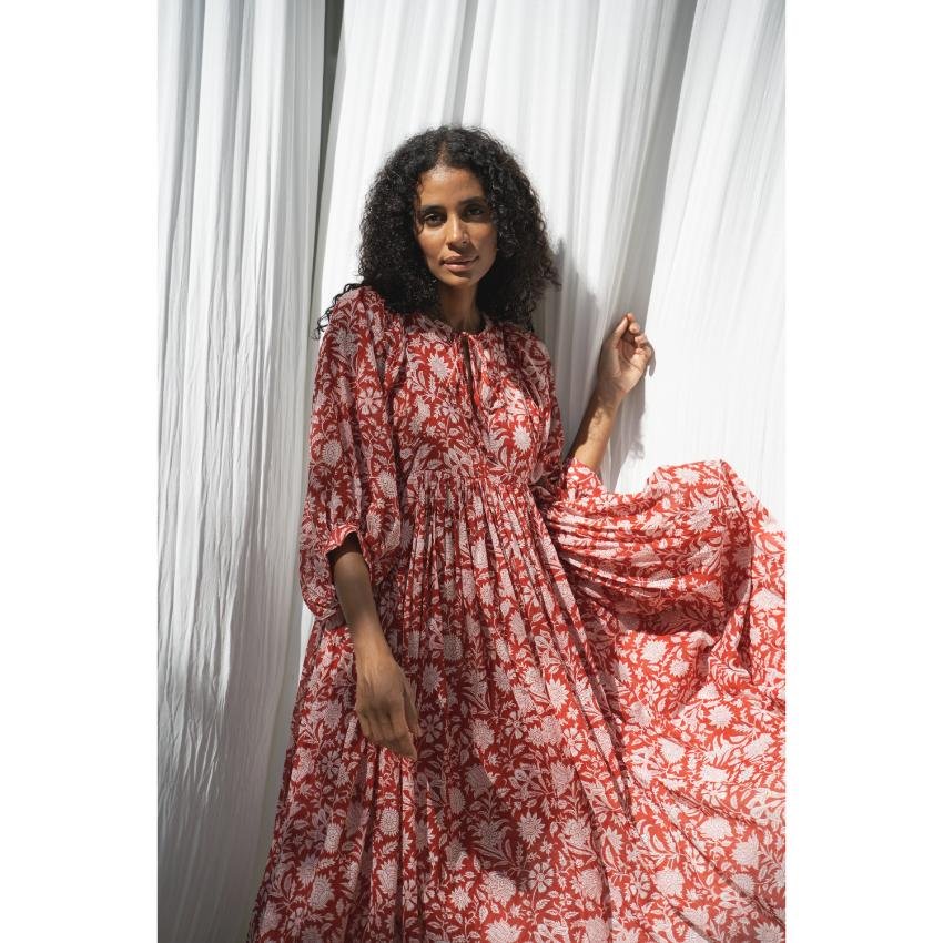 2024 Summer Casual Dresses For Women Hand block Printed 3/4 Sleeves Cotton Wholesale Price Long Floral Maxi Pink Dress