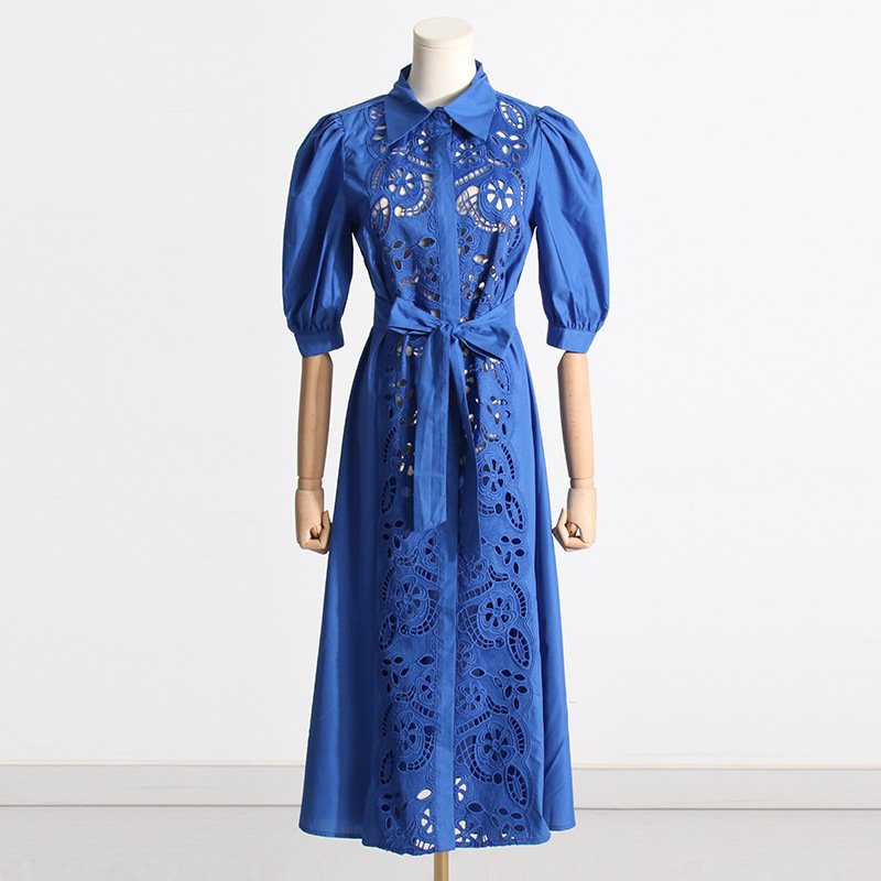 2023 Summer New Temperament Lapel Embroidery Hollow Waist Slim Strap Dresses Women's Niche French Dress