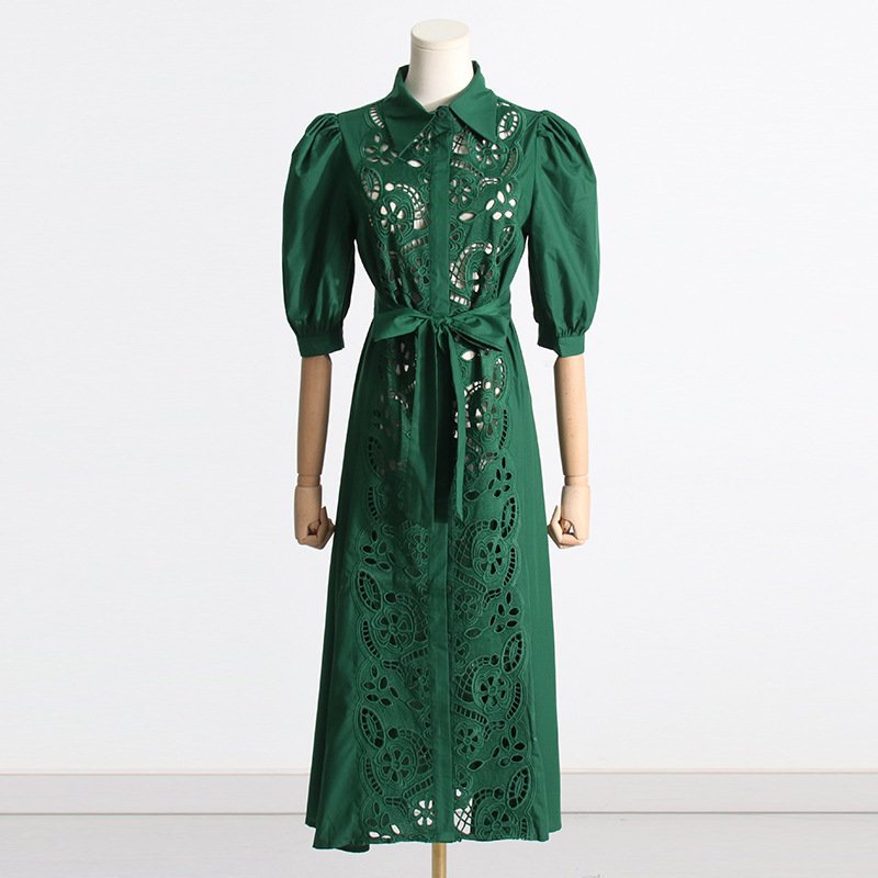 2023 Summer New Temperament Lapel Embroidery Hollow Waist Slim Strap Dresses Women's Niche French Dress