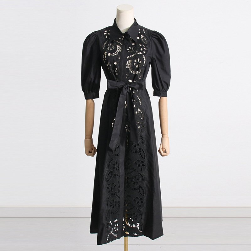 2023 Summer New Temperament Lapel Embroidery Hollow Waist Slim Strap Dresses Women's Niche French Dress