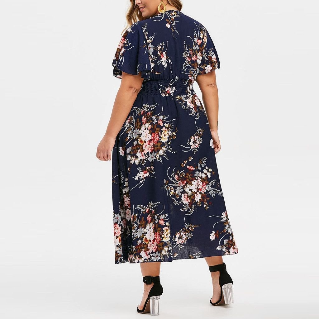Plus Size 2025 Oversized Floral V Neck Lotus Leaf Sleeve Print Women Plus Size Women Dress Larger XL-5XL Casual Dress