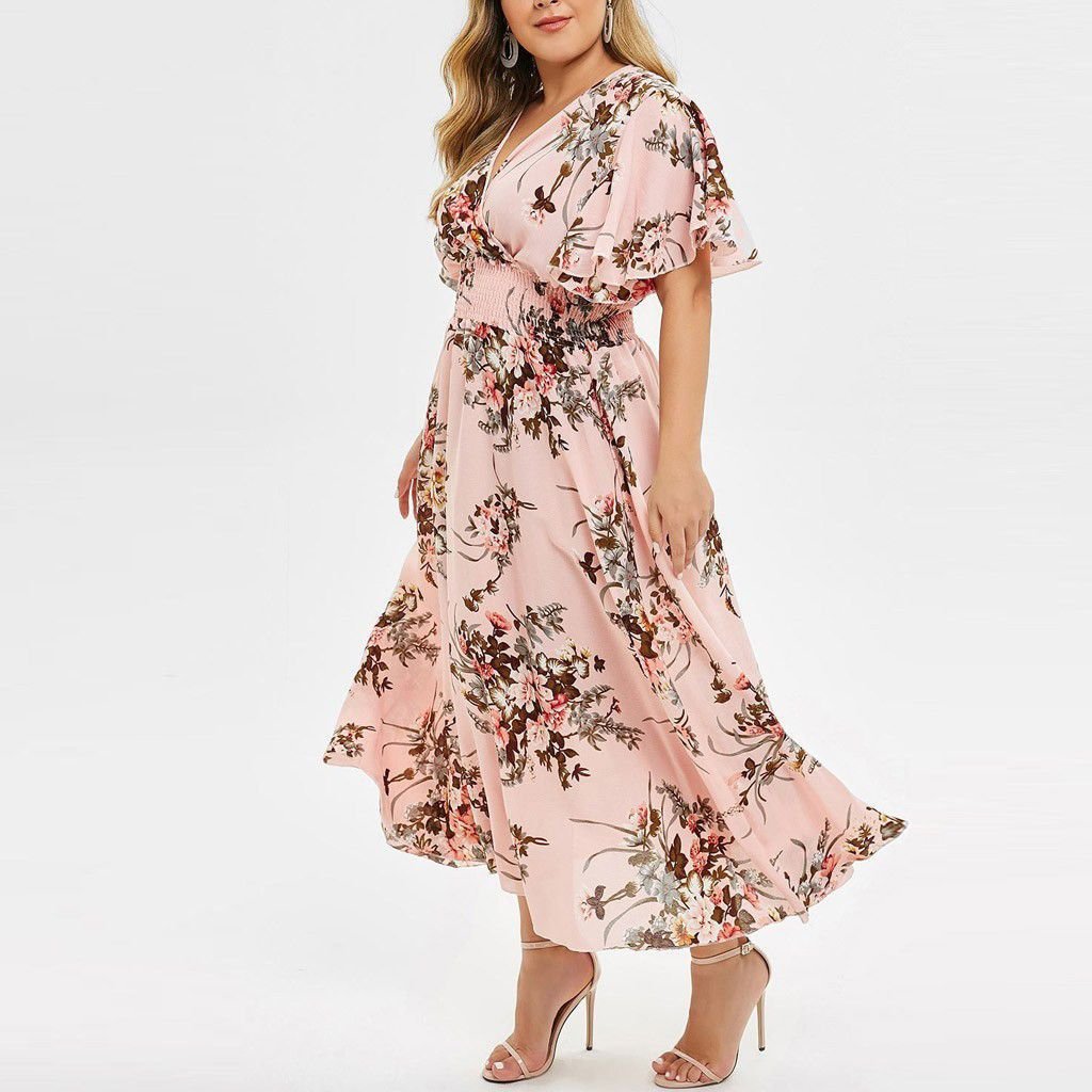 Plus Size 2025 Oversized Floral V Neck Lotus Leaf Sleeve Print Women Plus Size Women Dress Larger XL-5XL Casual Dress