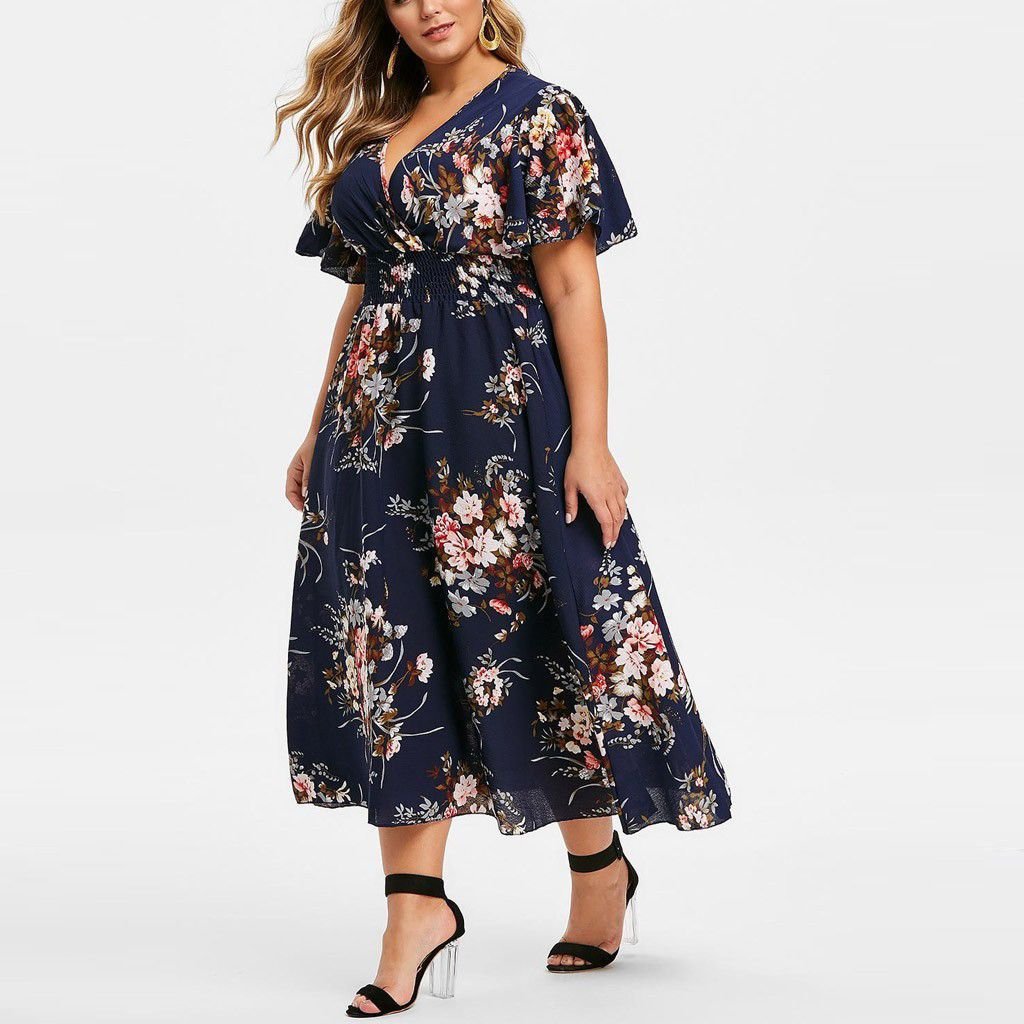 Plus Size 2025 Oversized Floral V Neck Lotus Leaf Sleeve Print Women Plus Size Women Dress Larger XL-5XL Casual Dress