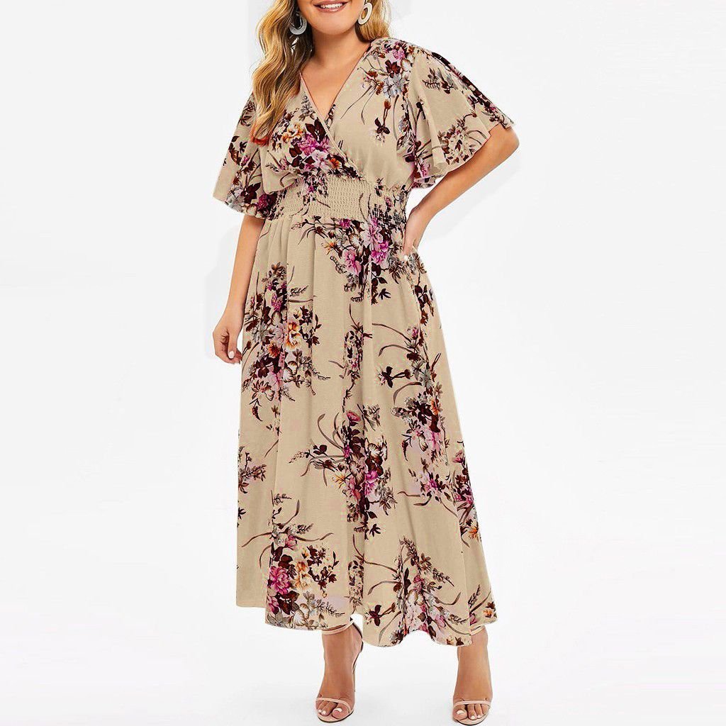 Plus Size 2025 Oversized Floral V Neck Lotus Leaf Sleeve Print Women Plus Size Women Dress Larger XL-5XL Casual Dress