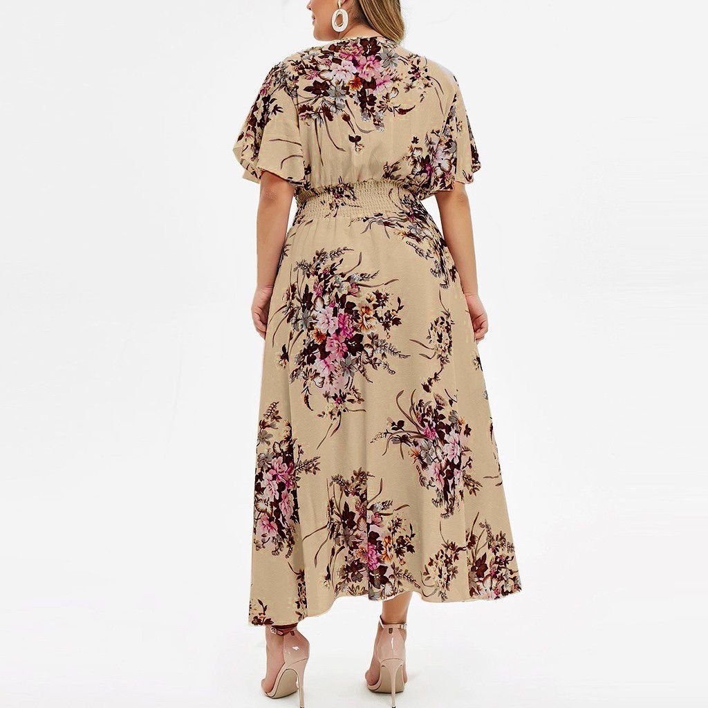 Plus Size 2025 Oversized Floral V Neck Lotus Leaf Sleeve Print Women Plus Size Women Dress Larger XL-5XL Casual Dress