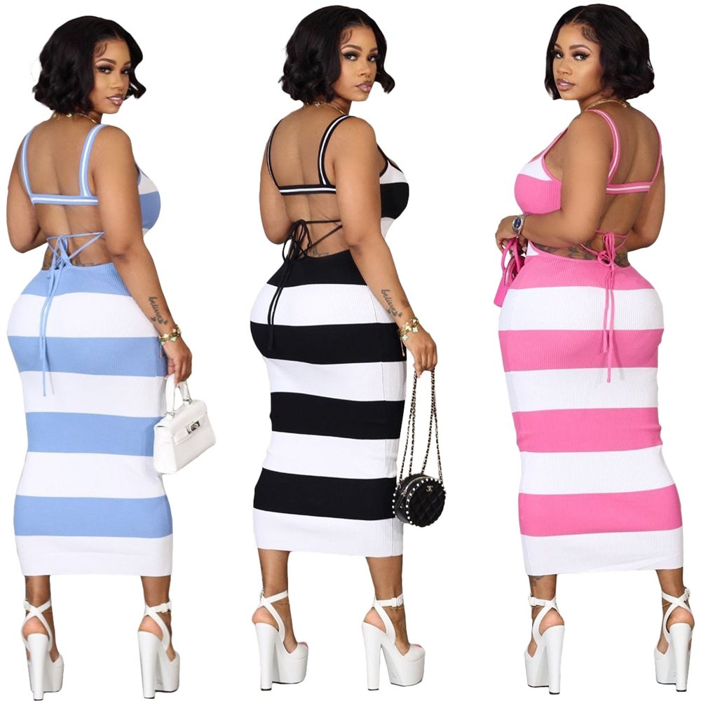 YS9759S Women's sexy Fashion striped backless lace-up bag hip sexy dress