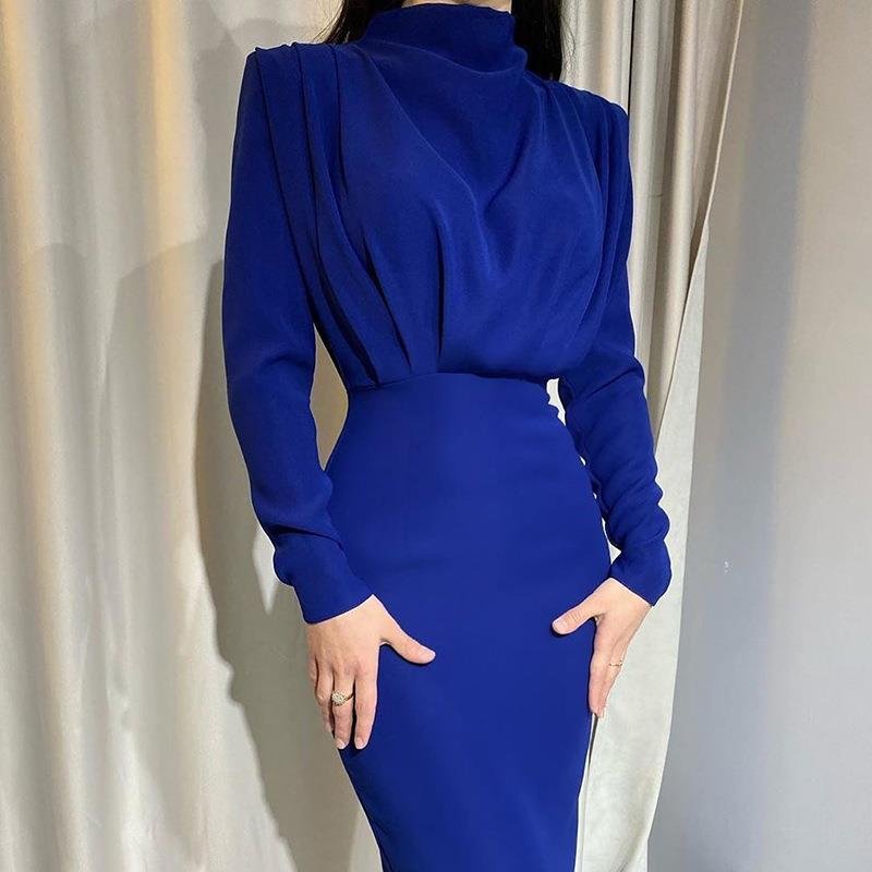 High Waist Solid Color Office Women Dress Autumn Winter Long Sleeve Bodycon Ruched Lady Evening Party Dresses