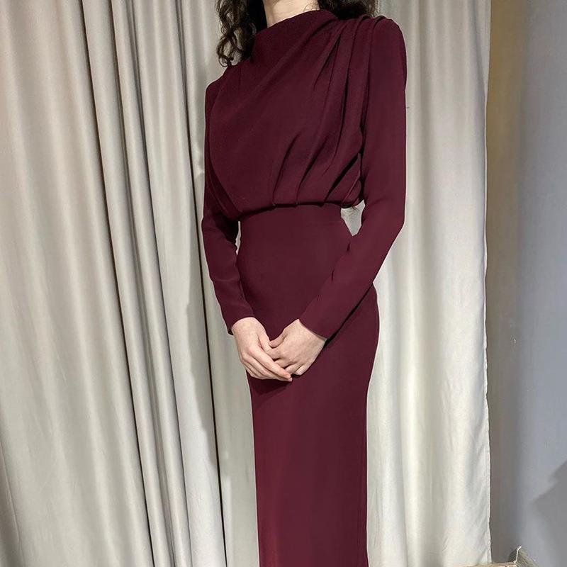 High Waist Solid Color Office Women Dress Autumn Winter Long Sleeve Bodycon Ruched Lady Evening Party Dresses