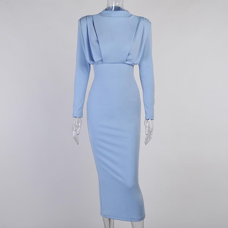 High Waist Solid Color Office Women Dress Autumn Winter Long Sleeve Bodycon Ruched Lady Evening Party Dresses