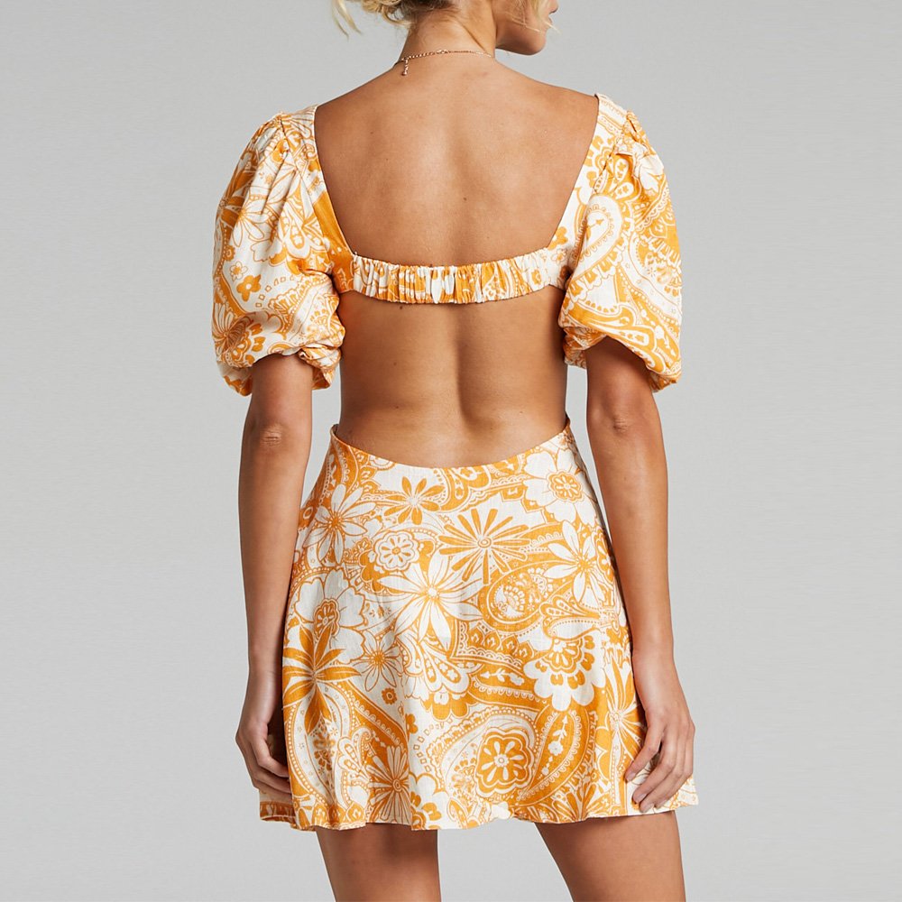 Short Balloon Sleeves Elastic Cuffs Floral Elegant women Sweetheart Neckline Lined Bust Dress Long Maxi Lady Dresses