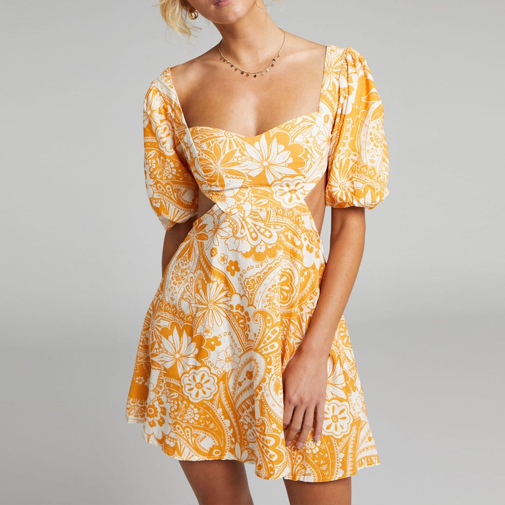 Short Balloon Sleeves Elastic Cuffs Floral Elegant women Sweetheart Neckline Lined Bust Dress Long Maxi Lady Dresses