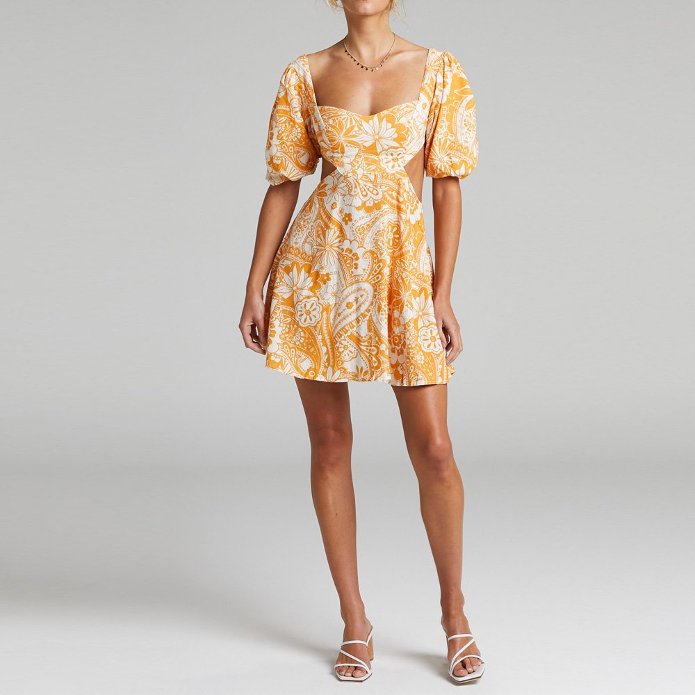 Short Balloon Sleeves Elastic Cuffs Floral Elegant women Sweetheart Neckline Lined Bust Dress Long Maxi Lady Dresses