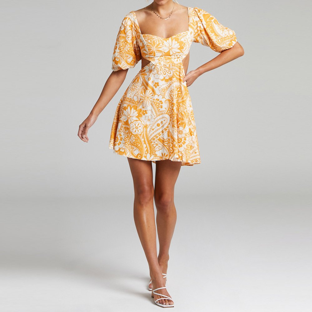 Short Balloon Sleeves Elastic Cuffs Floral Elegant women Sweetheart Neckline Lined Bust Dress Long Maxi Lady Dresses