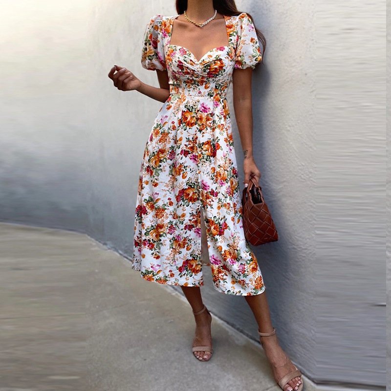 Spring Women's Fashion Dress Floral Print Short Sleeve Dress