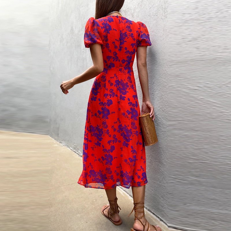 Spring Women's Fashion Dress Floral Print Short Sleeve Dress