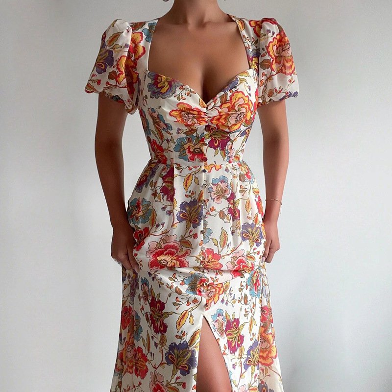 Spring Women's Fashion Dress Floral Print Short Sleeve Dress