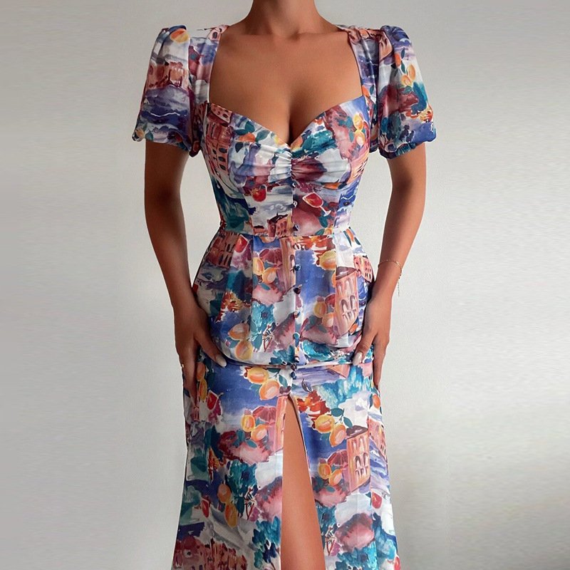 Spring Women's Fashion Dress Floral Print Short Sleeve Dress