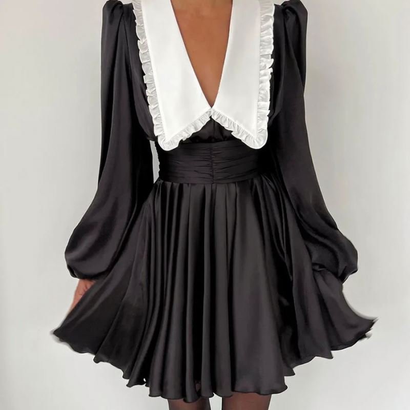 Sweet Style Long Sleeve Ruffled Pleated Satin Midi Casual Dress Fashion Elegant High Waist V-neck Casual Dress