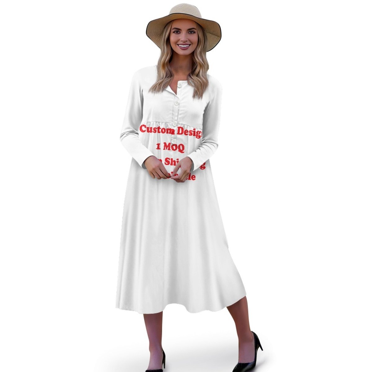 2024 New Design Custom Large Size Loose Ladies V-Neck Button Short Sleeve Dress Print On Demand Women's Fashion Casual Dresses