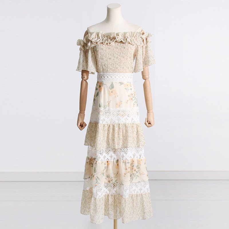 2023 Summer New Small Fresh Printed One-shoulder Dresses Female Sweet Floral Mosaic Lace Cake Dress