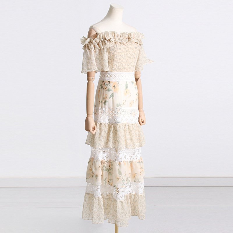 2023 Summer New Small Fresh Printed One-shoulder Dresses Female Sweet Floral Mosaic Lace Cake Dress