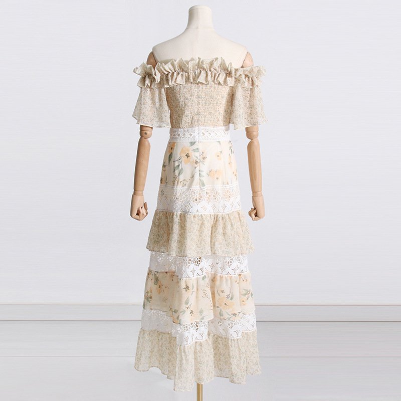2023 Summer New Small Fresh Printed One-shoulder Dresses Female Sweet Floral Mosaic Lace Cake Dress