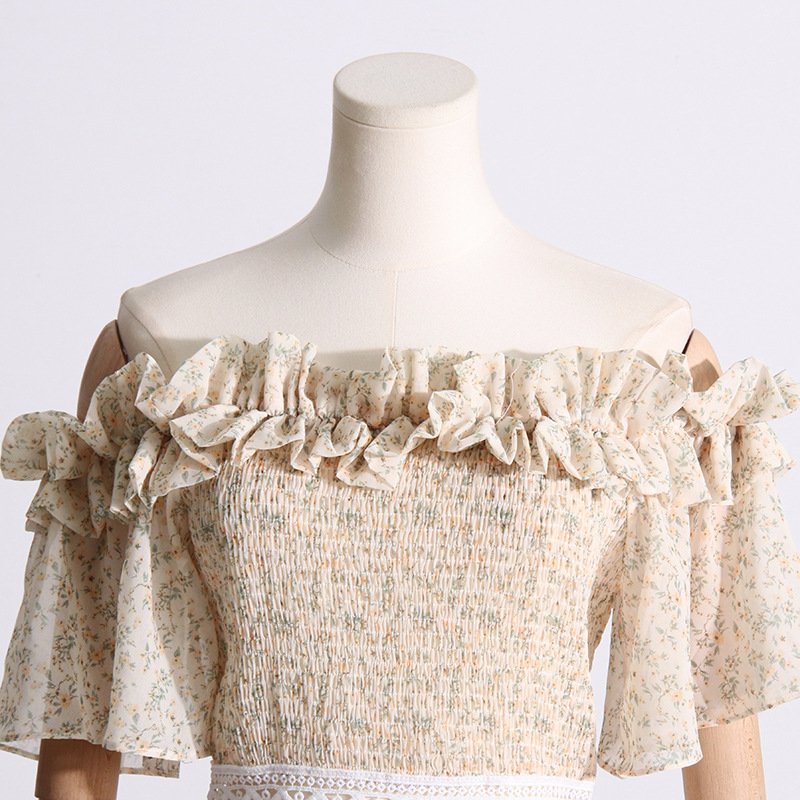 2023 Summer New Small Fresh Printed One-shoulder Dresses Female Sweet Floral Mosaic Lace Cake Dress