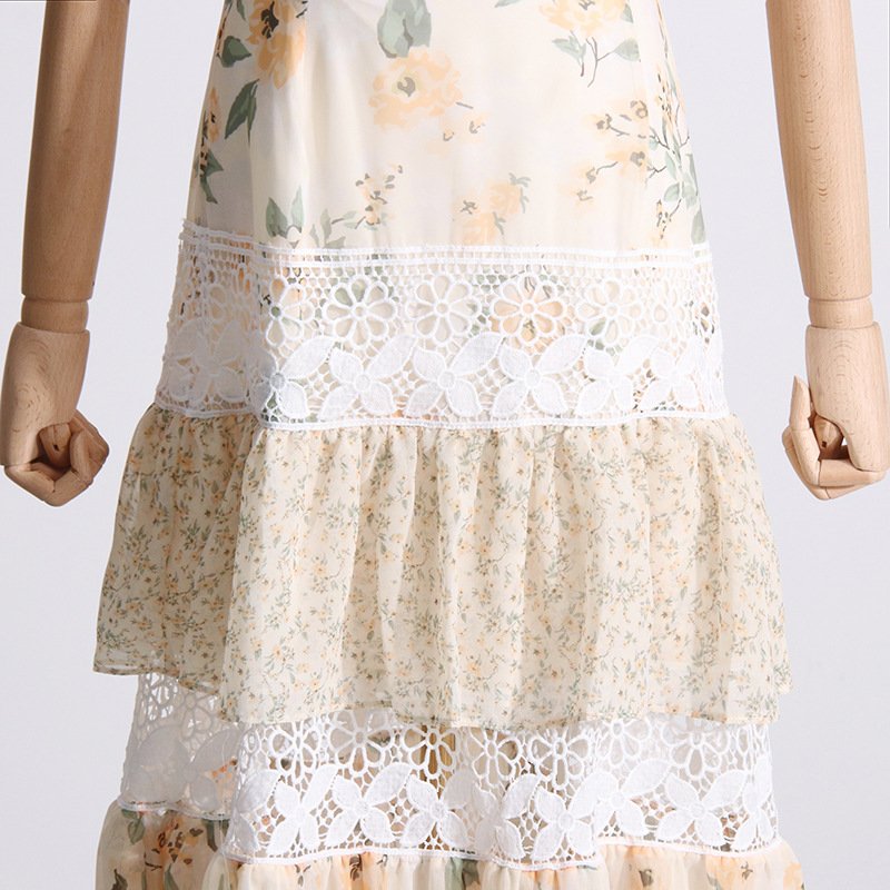 2023 Summer New Small Fresh Printed One-shoulder Dresses Female Sweet Floral Mosaic Lace Cake Dress