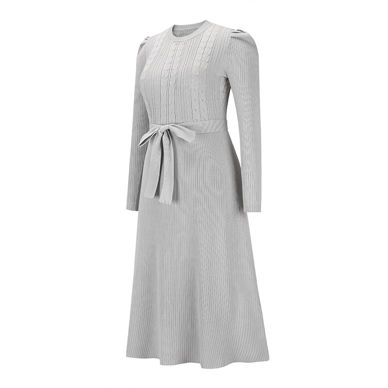 mid-length temperament is thin and high-waisted big swing dress Spring and autumn new bubble long-sleeved knit dress