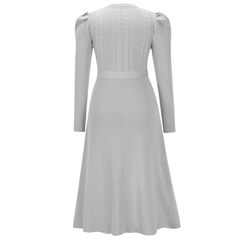 mid-length temperament is thin and high-waisted big swing dress Spring and autumn new bubble long-sleeved knit dress