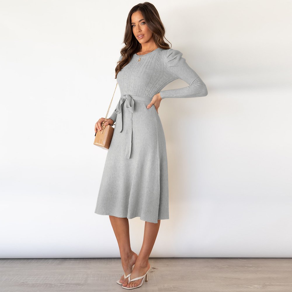 mid-length temperament is thin and high-waisted big swing dress Spring and autumn new bubble long-sleeved knit dress