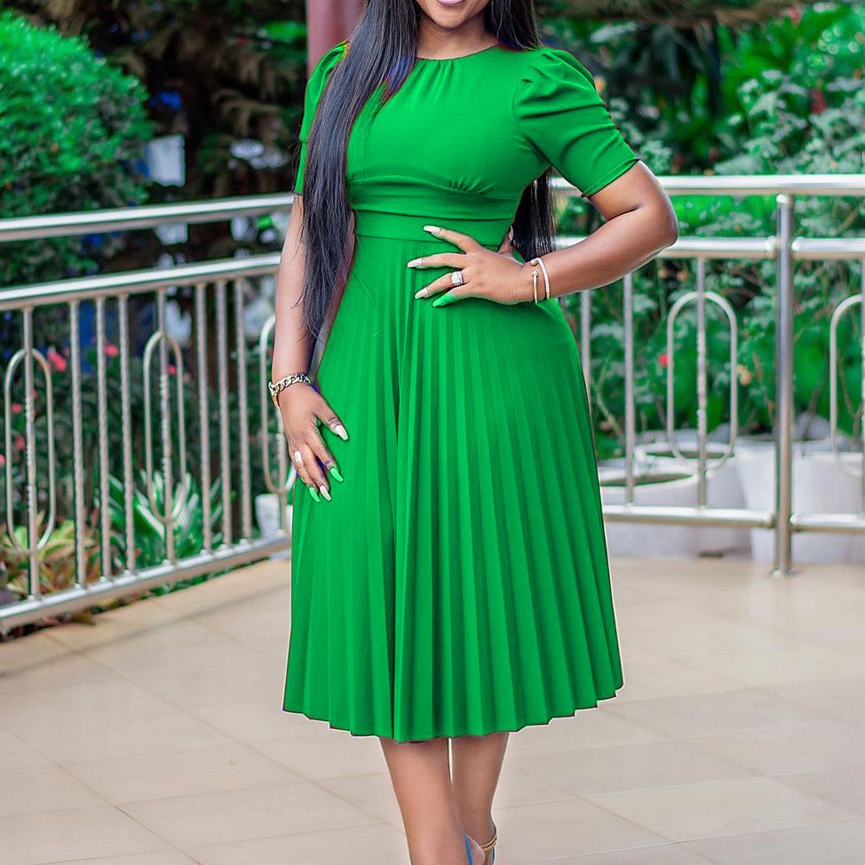 Summer Red Lovely A Line Pleated Dress Ladies Office Dress African Women Casual Dresses