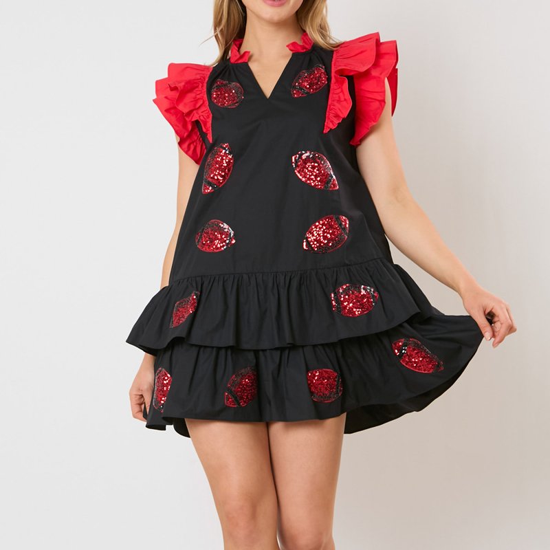 Game Day Mini Dresses Football shimmering Sequin appliques dramatic ruffled pockets Red Black Sequined Short Dress for women
