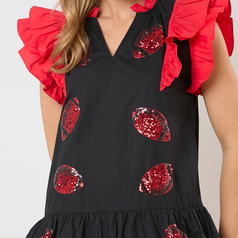 Game Day Mini Dresses Football shimmering Sequin appliques dramatic ruffled pockets Red Black Sequined Short Dress for women