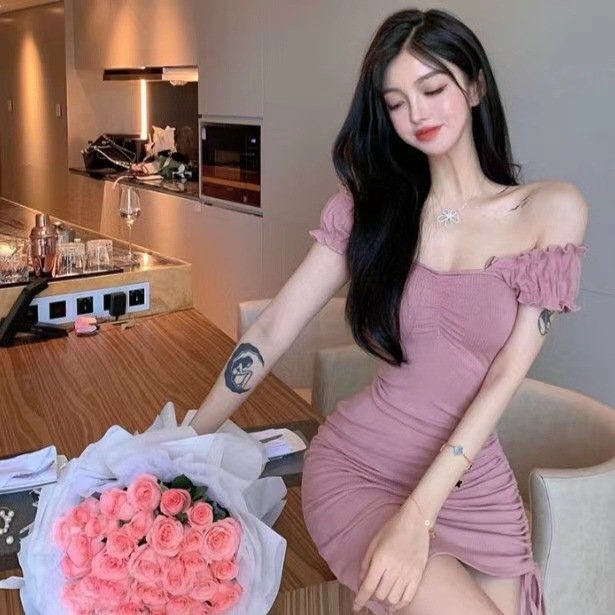 Party Banquet Summer High Quality Bubble Sleeve High Waist Short Dress for women's Sexy One Line Neck Off Shoulder Elegant Dress