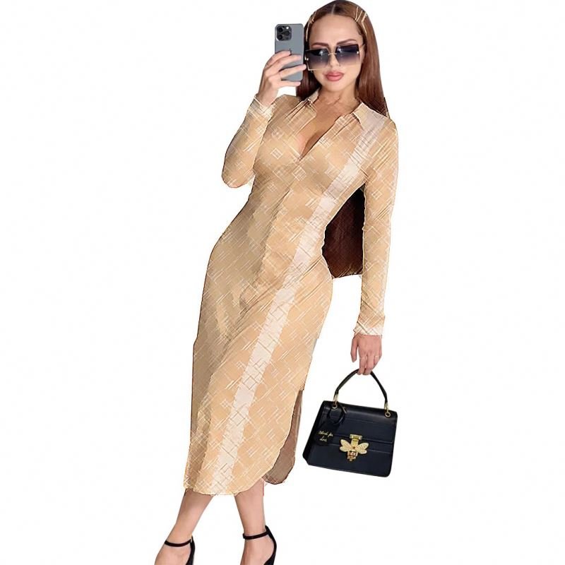 Casual Dresses women brand clothing Fashion casual sexy shirt collar slit elegant long dress women clothes wholesale