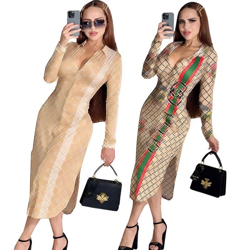 Casual Dresses women brand clothing Fashion casual sexy shirt collar slit elegant long dress women clothes wholesale