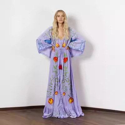 Fashion New Sexy Summer Fall Beach Holiday Dress Women Lady Elegant Long Sleeve Embroidery Floral Casual Long Maxi Dresses