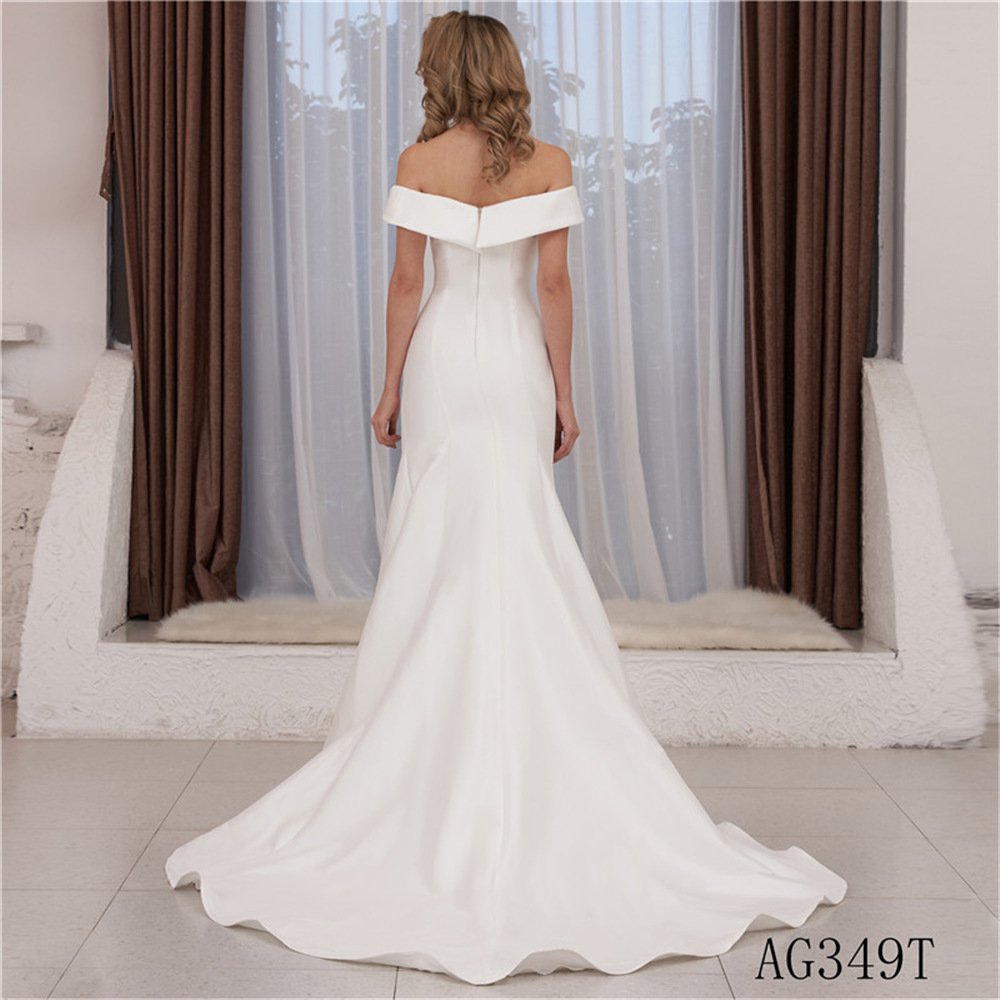 Elegant ivory o neck sleeveless beauty beautiful bridal sexy off shoulder simple satin mikado wedding dress