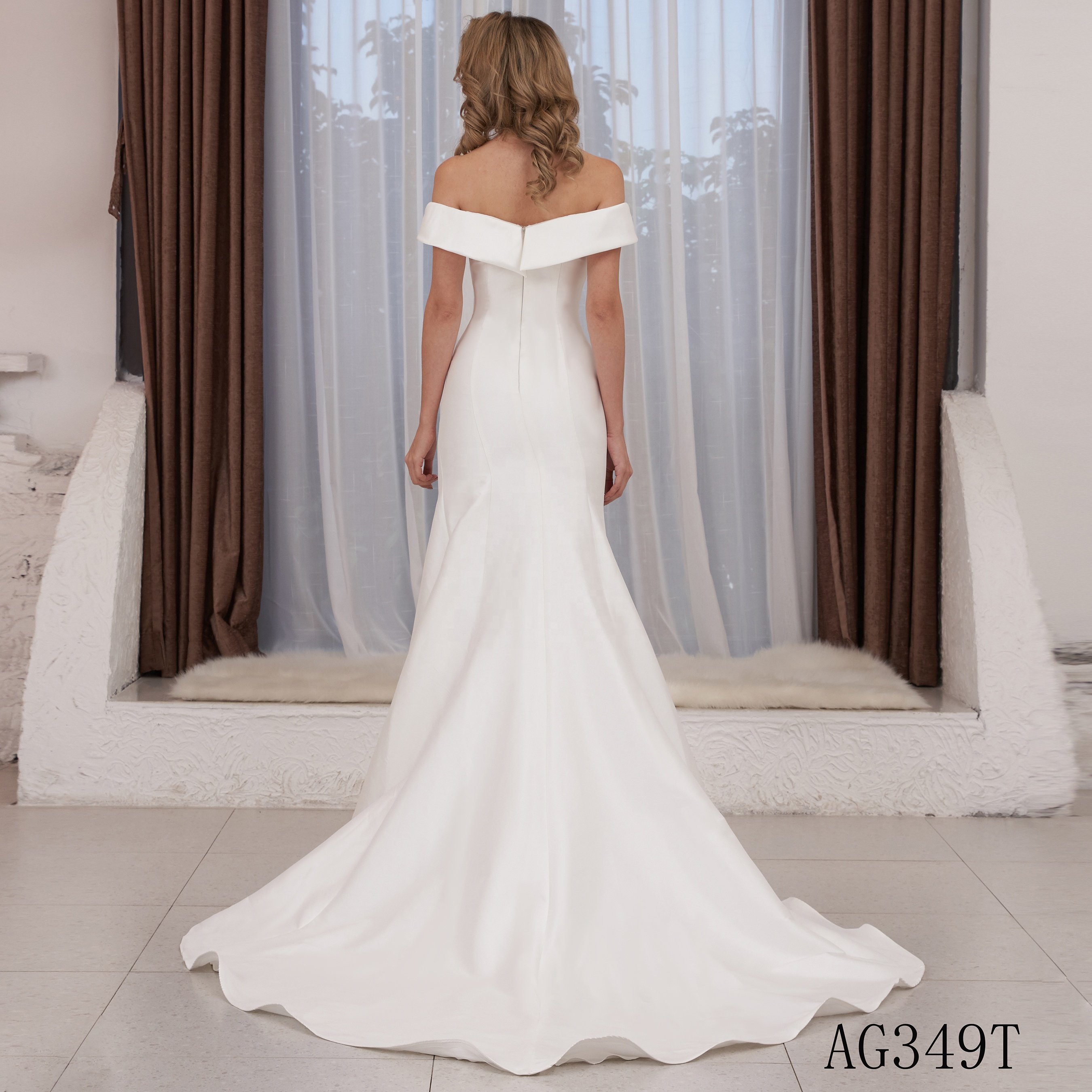 Elegant ivory o neck sleeveless beauty beautiful bridal sexy off shoulder simple satin mikado wedding dress