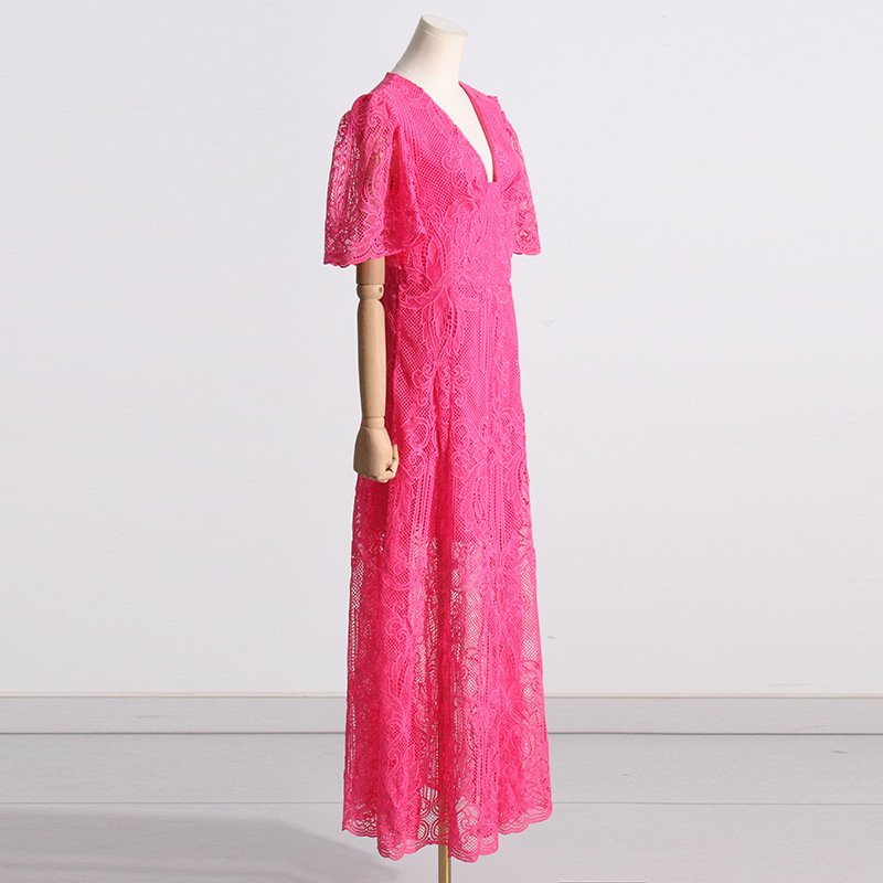 French Elegant Socialite Party Dress 2023 Autumn V-neck Short-Sleeved Embroidery Pattern Design Long Dress