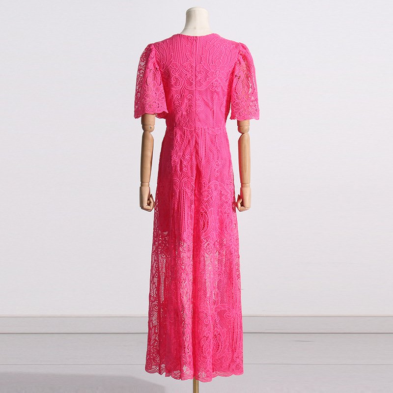 French Elegant Socialite Party Dress 2023 Autumn V-neck Short-Sleeved Embroidery Pattern Design Long Dress