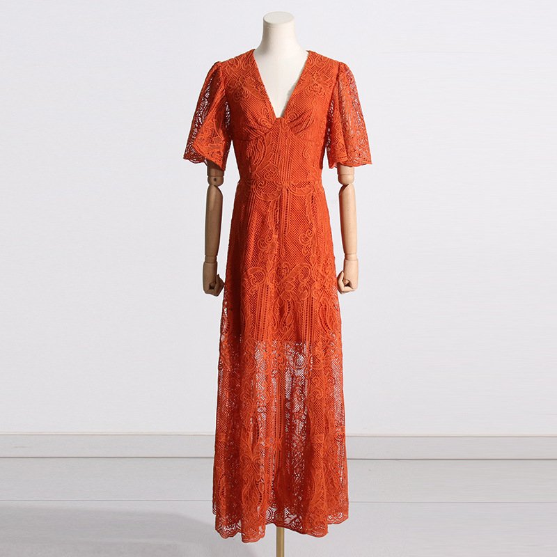 French Elegant Socialite Party Dress 2023 Autumn V-neck Short-Sleeved Embroidery Pattern Design Long Dress