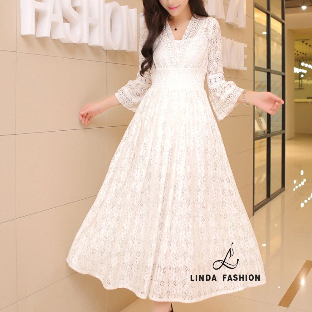 Linda Fashion Summer Elegant White Lace Long Dress Bohemian Beach Maxi Dresses Female Vintage Party Dress Vestidos De Mujer