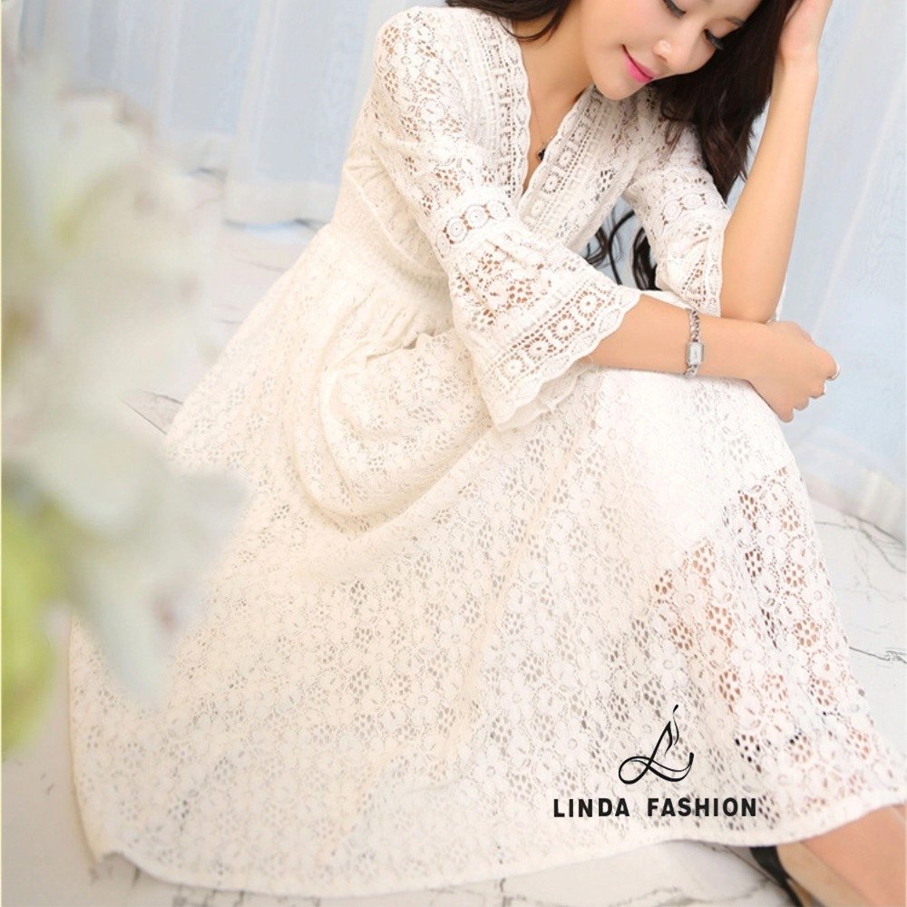 Linda Fashion Summer Elegant White Lace Long Dress Bohemian Beach Maxi Dresses Female Vintage Party Dress Vestidos De Mujer