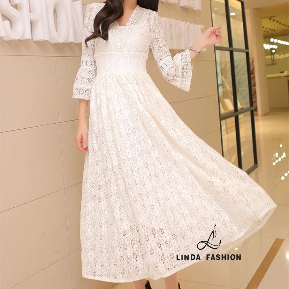 Linda Fashion Summer Elegant White Lace Long Dress Bohemian Beach Maxi Dresses Female Vintage Party Dress Vestidos De Mujer