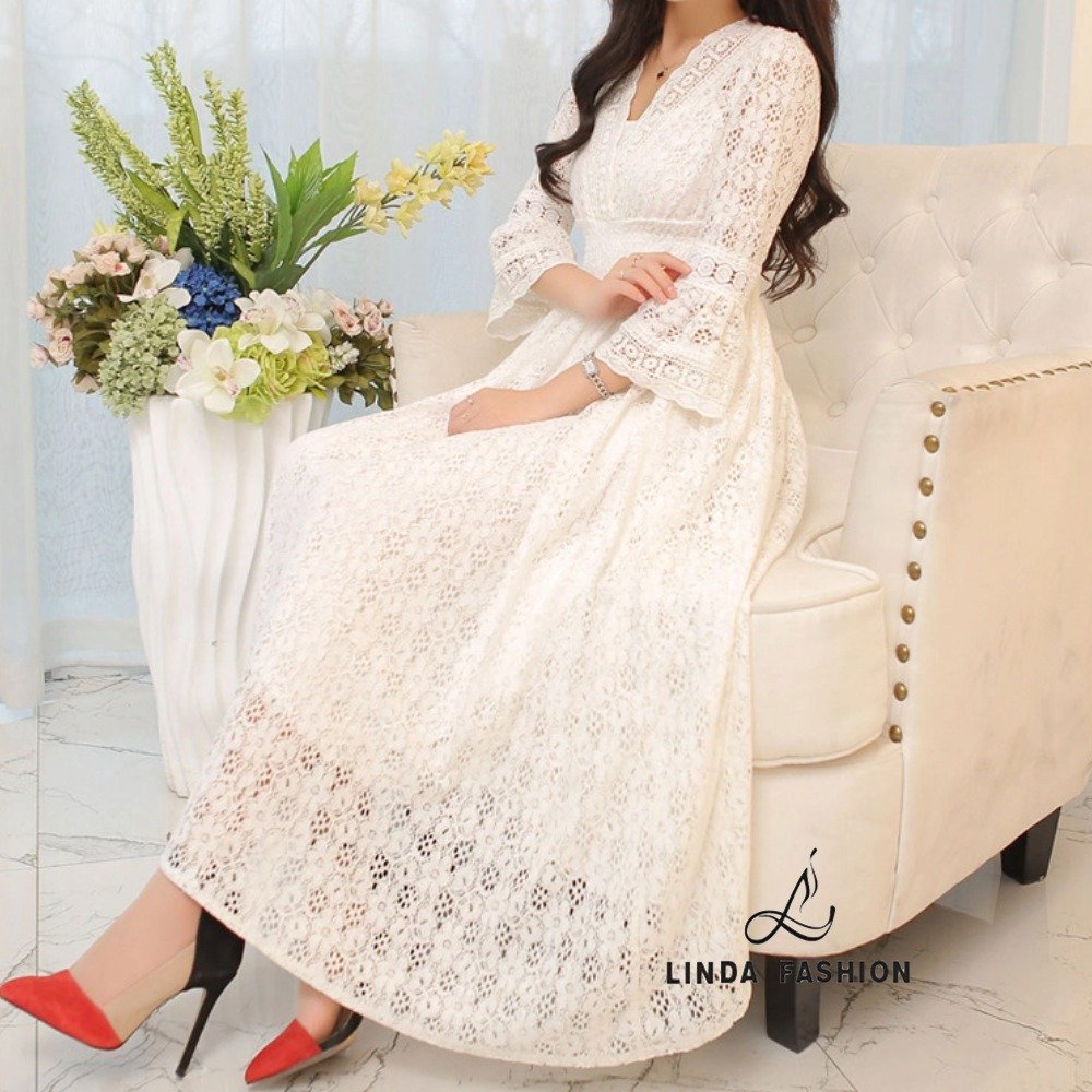 Linda Fashion Summer Elegant White Lace Long Dress Bohemian Beach Maxi Dresses Female Vintage Party Dress Vestidos De Mujer
