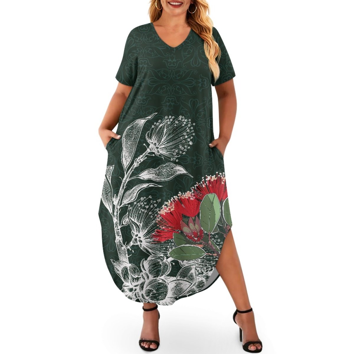 Trending Products Women's Casual Dresses Custom Printing On Demand Ohia Lehua Women's Short Sleeve Plus Size Dress